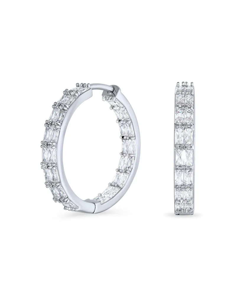 Bling Jewelry Statement Cz Emerald Cut Cubic Zirconia Inside Out Hoop Earrings Prom Holiday Party Rhodium Plated 1 In Diameter