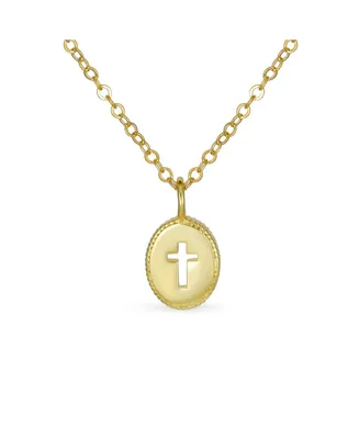 Bling Jewelry Tiny Petite Religious Mini Medallion Oval Cross Necklace For Pendant Women Teen Polished Gold Plated .925 Sterling Silver Milgrain Edge