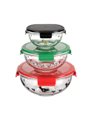 Genicook 3 Pc Round Container Borosilicate Glass Nesting Salad and Mixing Bowl Set with Snap-on Lids
