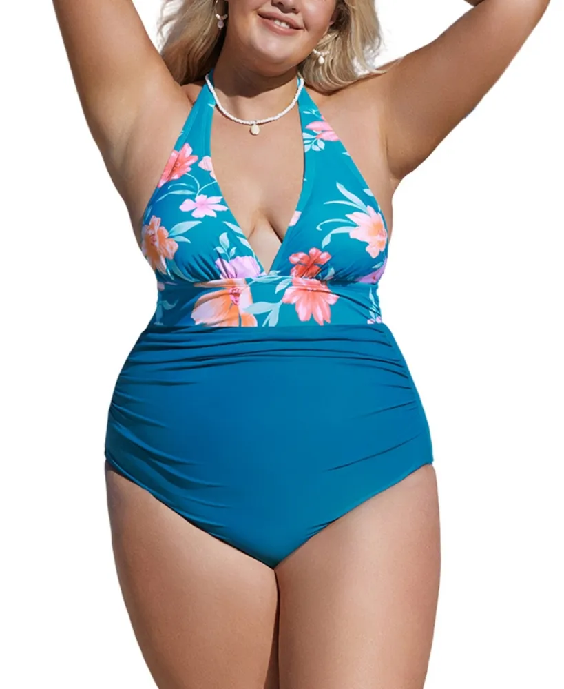 Cupshe Women's Faded Mykonos Blooming Shirred Plus One Piece Swimsuit