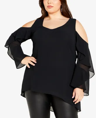 City Chic Plus Hi Lo Cold Shoulder Long Sleeve Top