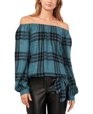 Vince Camuto Women's Off-The-Shoulder Plaid Tie-Front Bouse