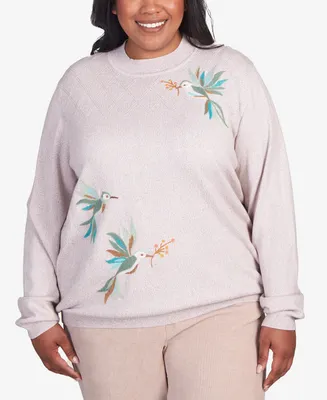 Alfred Dunner Plus St.Moritz Hummingbird Pointelle Yoke Mock Neck Sweater