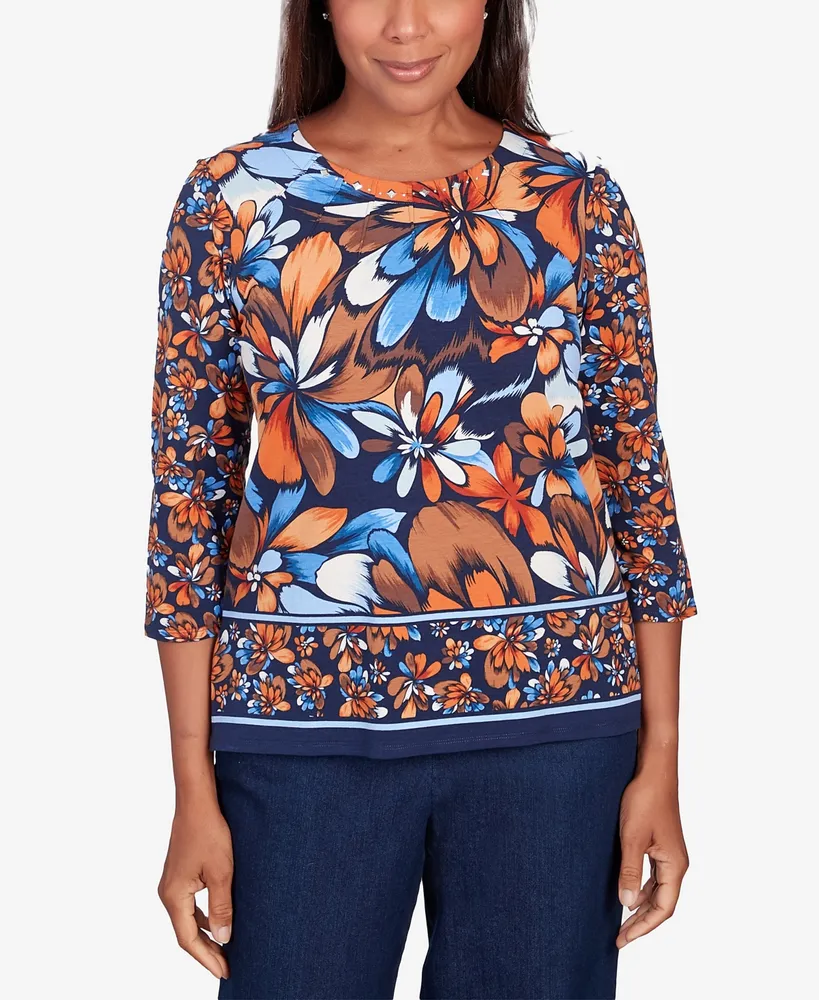 Alfred Dunner Petite Autumn Weekend Floral Border 3/4 Sleeve Top