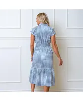 Hope & Henry Women's Short Sleeve Button Front Tiered Maxi Dress with Waist Sash