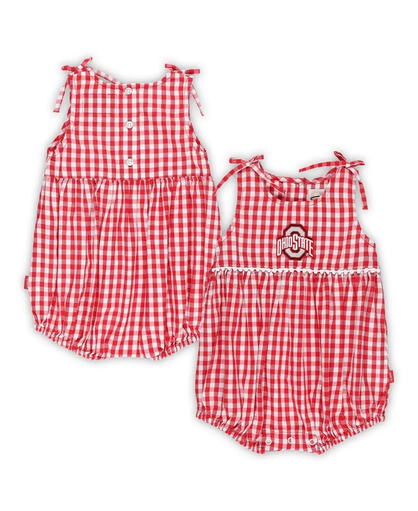 Girls Infant Garb Scarlet, White Ohio State Buckeyes Teagan Gingham Ruffled Romper