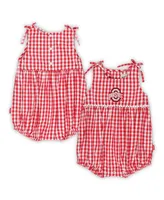 Girls Infant Garb Scarlet, White Ohio State Buckeyes Teagan Gingham Ruffled Romper