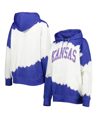 Women's Gameday Couture White, Royal Distressed Kansas Jayhawks For the Fun Double Dip-Dyed Pullover Hoodie