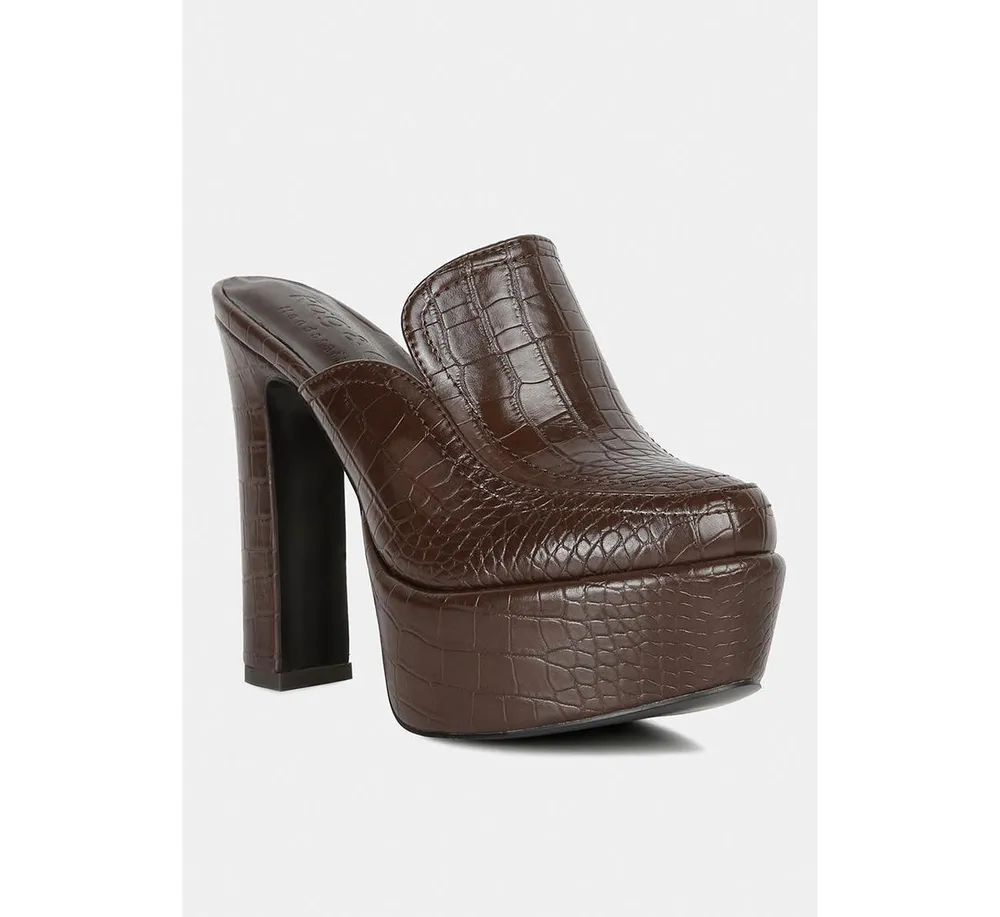 Bauhaus Womens Croc Pattern Heeled Platform Mules