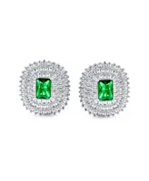 Bling Jewelry Classic Holiday Party Emerald Cut Green Cubic Zirconia Triple Row Baguette Halo Cz Stud Clip On Earrings Non Pierced Ear