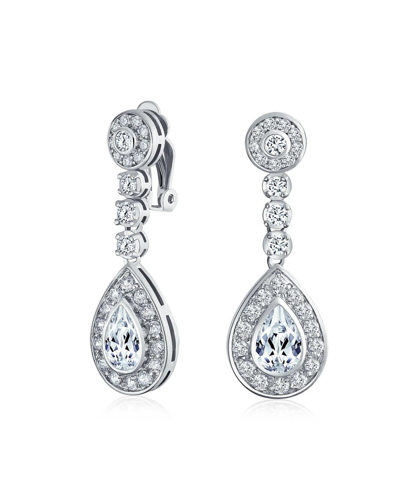 Teardrop Halo Cubic Zirconia Pave Cz Dangle Prom Statement Clip On Earrings For Women