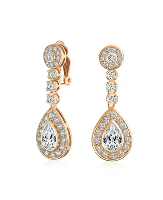 Bling Jewelry Teardrop Halo Cubic Zirconia Pave Cz Dangle Statement Clip On Dangle Earrings Rose Gold Plated