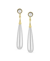 Bling Jewelry Modern Geometric Linear Thin Long Off White Column Simulated Pearl Dangling Chandelier Clip-on Earrings For Women