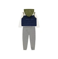 Toddler Boys 3 Piece Outfit Set with Sherpa Hood Vest, Long Sleeve Graphic Top, and Jogger Pants