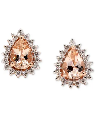 Morganite (1-1/2 ct. t.w.) & Diamond (1/3 ct. t.w.) Pear Halo Stud Earrings in 10k Rose & White Gold