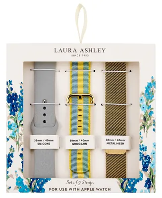 Laura Ashley Women's Gold-Tone Mesh, Yellow Grosgrain and Gray Silicone Strap Set Compatible with Apple Watch 38mm, 40mm, 41mm
