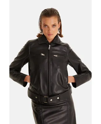 Women's Genuine Leather Blazer Jacket, Black