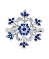 Bling Jewelry Winter Holiday Christmas Statement 2 Tone Blue Clear Cubic Zirconia Flower Snowflake Cz Ring Cocktail For Women Sterling Silver