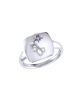 LuvMyJewelry Aquarius Water Bearer Design 14K White Gold Amethyst Gemstone Diamond Signet Ring