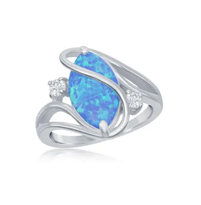 Sterling Silver Blue Inlay Opal Oval Twist With Cz Ring