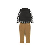 Toddler Boys 3 Piece Outfit Set with Puffer Vest, Long Sleeve Flannel Top, and Elastic Waistband Pants