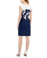 Connected Petite Printed Cap-Sleeve Belted Sheath Dress