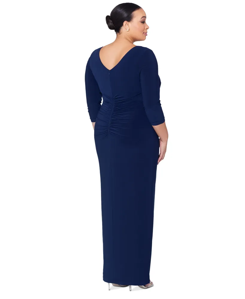 Xscape Plus Ruched 3/4-Sleeve Gown