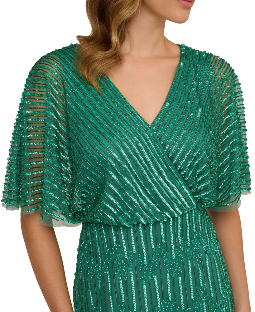 Adrianna Papell Petite Hand-Beaded Flutter-Sleeve Gown