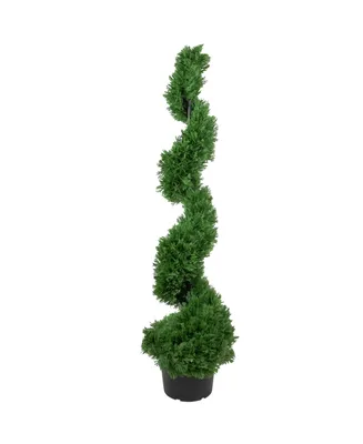 4' Artificial Cedar Spiral Topiary Tree in Black Pot Unlit