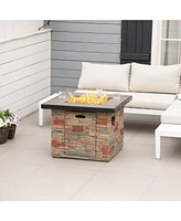 Outsunny Outdoor Propane Fire Pit Table Faux Brown Ledge Stone 32