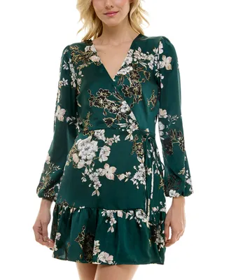 Speechless Juniors' Floral Faux-Wrap Long-Sleeve Dress