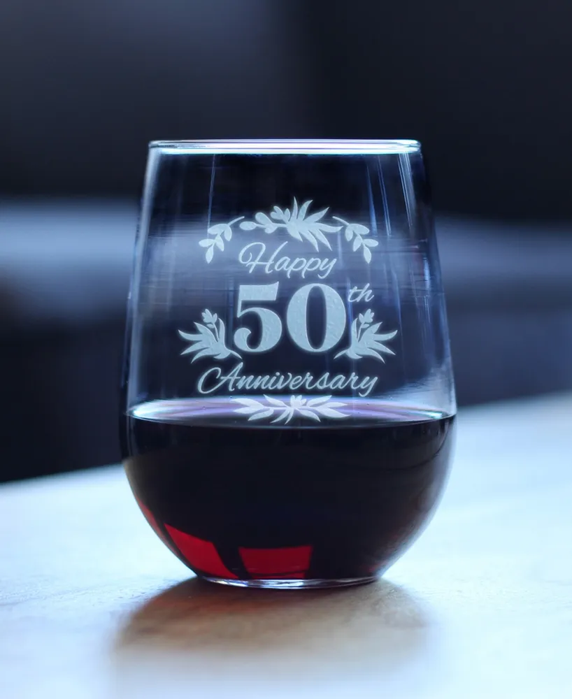 Bevvee Happy 50th Anniversary Floral 50th Anniversary Gifts Stem Less Wine Glass, 17 oz