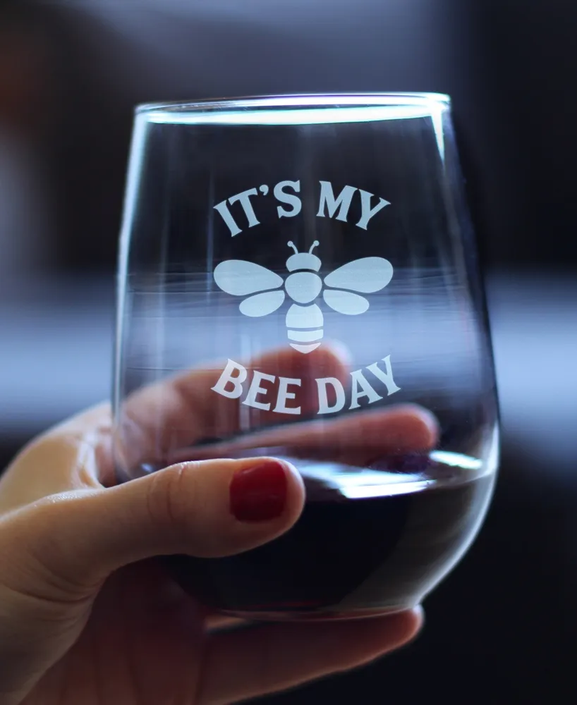 Bevvee Bee Day Happy Birthday Gifts Stem Less Wine Glass, 17 oz