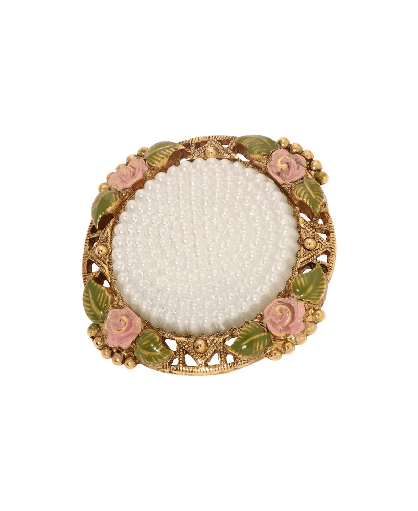 2028 Imitation Pearl Pink Enamel Flower Round Brooch