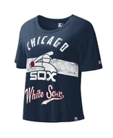 Women's Starter Navy Distressed Chicago White Sox Cooperstown Collection Record Setter Crop Top