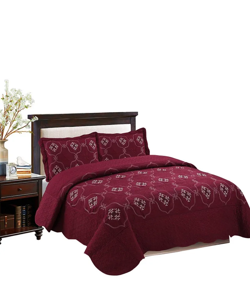 MarCielo 3 Piece Quilted Embroidery Quilts Bedspreads Set Emma Queen