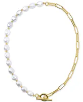 Adornia 14k Gold-Plated Imitation Pearl & Paperclip Chain 17" Toggle Necklace