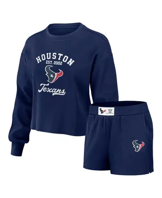 Women's Wear by Erin Andrews Navy Distressed Houston Texans Waffle Knit Long Sleeve T-shirt and Shorts Lounge Set