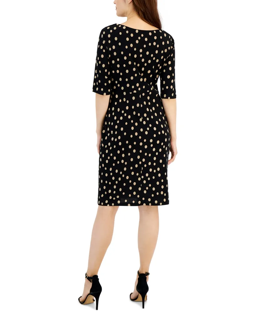 Connected Women's Dot-Print Asymmetrical-Neck Faux-Wrap Dress