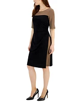 Connected Women's Colorblocked Elbow-Sleeve Bateau-Neck Dress