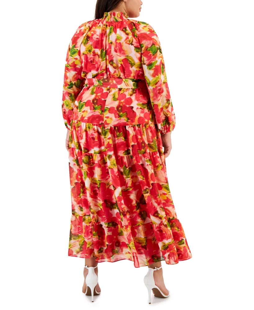 Taylor Plus Printed Belted Blouson-Sleeve Maxi Dress