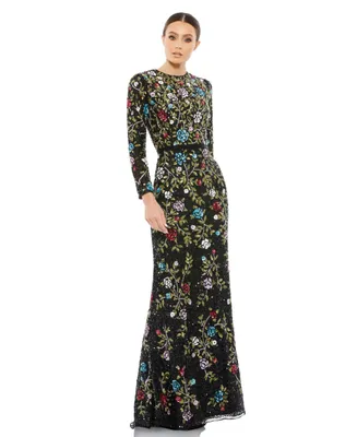 Women's Floral Embellished Long Sleeve Gown