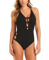 Jessica Simpson Women's Double-Strap Plunge-Neck One-Piece Swimsuit