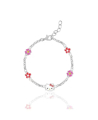 Sanrio Hello Kitty Officially Licensed Authentic Silver Plated Bracelet with Flowers and Crystals - 6.5 + 1"
