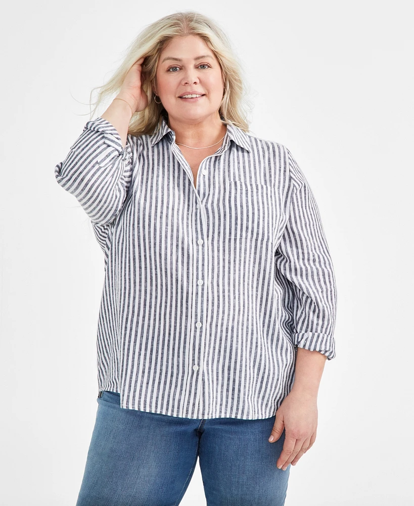 Style & Co Plus Linen-Blend Striped Perfect Shirt, Created for Macy's