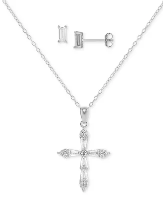 Giani Bernini 2-Pc. Set Cubic Zirconia Cross Pendant Necklace & Baguette Stud Earrings in Sterling Silver, Created for Macy's