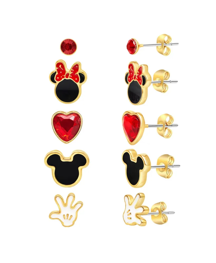Disney Mickey and Minnie Mouse Fashion Stud Earrings - Classic Mickey and Minnie, Red/Gold - 5 pairs