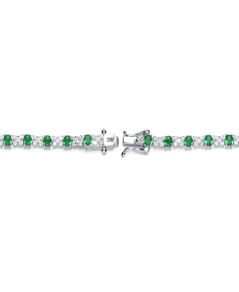 Sterling Silver White Gold Plated Clear Round and Green Cubic Zirconia Tennis Bracelet