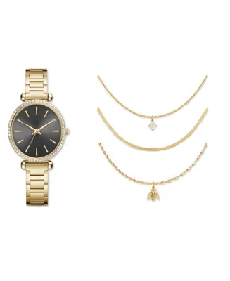 Jessica Carlyle Women's Analog Shiny Gold-Tone Metal Bracelet Watch 33mm 4 Pieces Necklace Gift Set