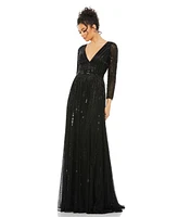 Mac Duggal Women's Sequined V Neck Illusion Sleeve A Line Gown